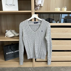 Polo Ralph Lauren Womens Cable-Knit Jumper Size M Grey V-Neck Logo Sweater - Picture 1 of 5