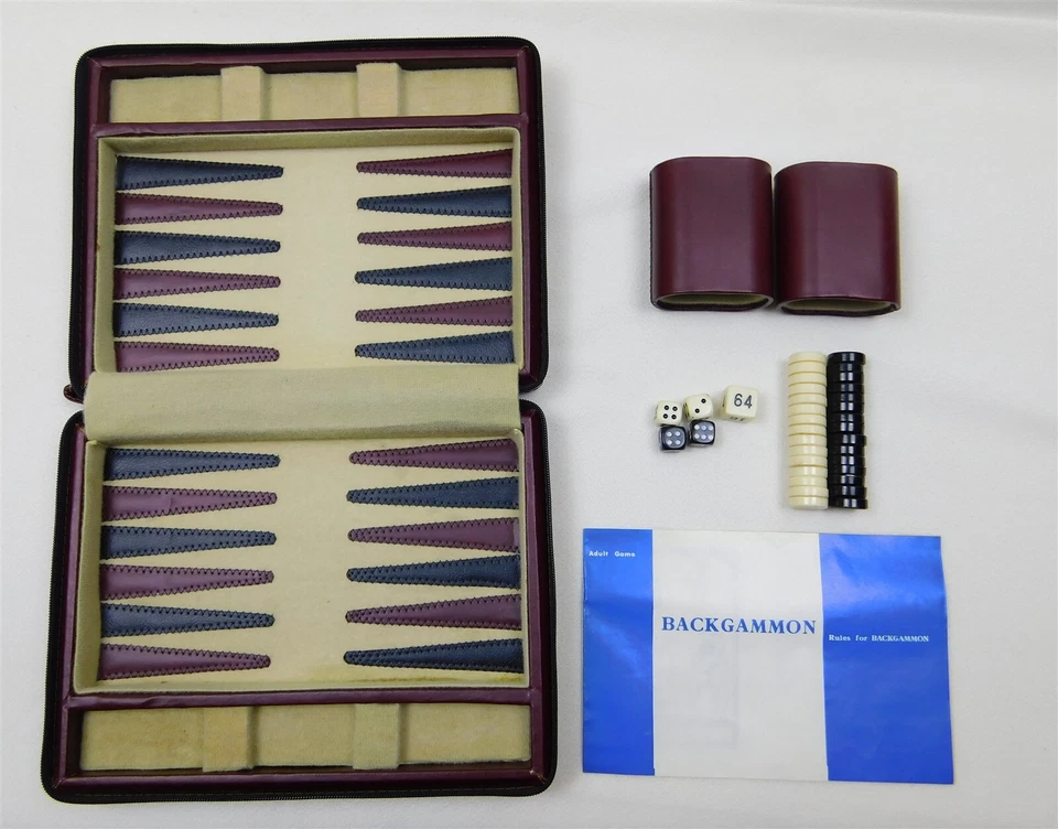 Vtg BACKGAMMON Travel Set Complete in Leatherette Zip Case 9.25" by 7" - Image 1 of 4