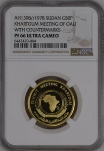 SOUTH SUDAN , GOLD 50 POUNDS 1978 OAU WITH COUNTERMARKS NGC PF 66 UC , RARE3 - Picture 1 of 2