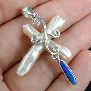 Ciondolo Doppietta Opale e Perla Biwa Argento Sterling 925 Gioielli Fatti a mano - Foto 1 di 5