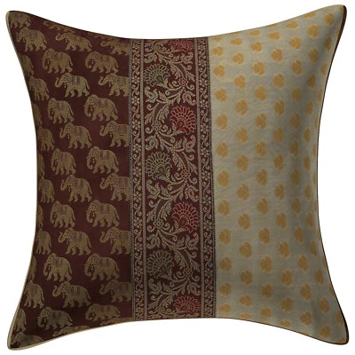 Indian Silk brown off white Elephant Cushion Cover Throw Pillow 16x16set of 1 Pc - Image 1 of 3