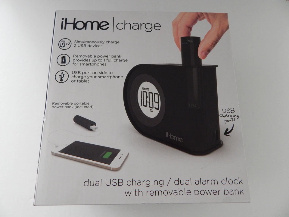 iHome IH402B Dual Alarm Clock USB Charging Removable Power Bank - Black