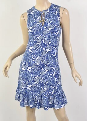 MICHAEL KORS Blue & White Paisley Matte Jersey Tie-Neck Ruffle Hem Tank Dress XS - Image 1 of 4