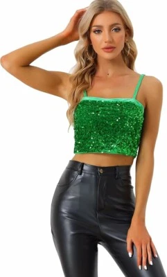 Green Sequin Crop Top Women's UK12 Velvet Cami Glitter Club Party Slytherin Sexy - Image 1 of 4
