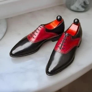 Men's Handmade Two Tone Red & Black Leather Dress Shoes Formal Shoes For Men - Picture 1 of 5