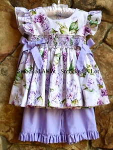 Smocked A Lot Girls Shorts Set Purple Floral Pink Birthday Dress Outfit Easter - Picture 1 of 1