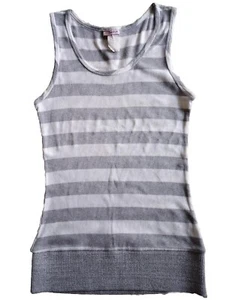 Vintage Y2K Sleeveless Stretch Ribbed Tank Top Junior L Gray White Stripe EUC - Picture 1 of 12