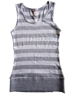 Vintage Y2K Sleeveless Stretch Ribbed Tank Top Junior L Gray White Stripe EUC - Image 1 of 4