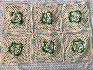 BABY 3 D Rose Flowers Crochet Afghan Throw CRIB Blanket Quilt Granny Sq 45 x31 - Picture 1 of 7
