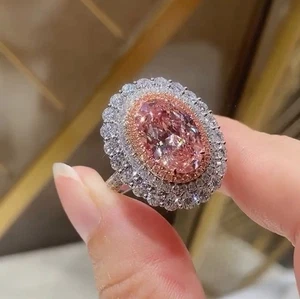 3Ct Pink Sapphire Oval Cut Double Halo, 925 Sterling Silver Cluster Flower Ring - Picture 1 of 9