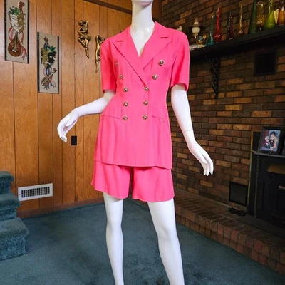 Vtg 80s 90s Girly Pink Preppy 2 Piece Shorts Business Medusa Secretary Suit S/M - Image 1 of 4