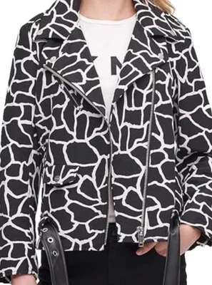 DKNY Large Black and white Animal Print Moto Jacket Full Zip Pockets Zip - Image 1 of 4
