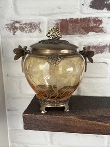 KASTILISCHE Bernstein geätzte Glasurne/Vase Kunst Libelle Messinggriffe mit Deckel POLEN - Bild 1 von 20