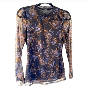RW&Co Mesh Flower Print dark blue longsleeve top Size Small - Picture 1 of 5
