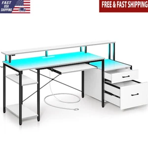 Gaming Desk with LED Light & Power Outlets, Computer Desk with File Drawer, Home - Picture 1 of 8