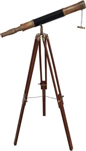 Antikes Teleskop schwarz Leder Holzständer Marine Royal pädagogisches Teleskop - Bild 1 von 16