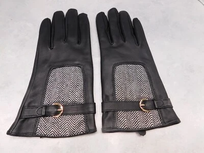  GUANTES DE INVIERNO DE CUERO MERONA PARA DAMAS FORRADOS DE VELLÓN NEGRO Y BLANCO RIBETE DE BREZO TALLA LG Foto 1 de 4
