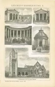 Tablero CREMATORIO / COLUMBARIO / COMBUSTIÓN DE CADÁVERES 1897 Grabado en madera original - Imagen 1 de 1