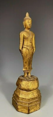 Burma Burmese Carved Gilt Wood Buddha on Pedestal w/ Inscription dated 19th c. - Image 1 of 4