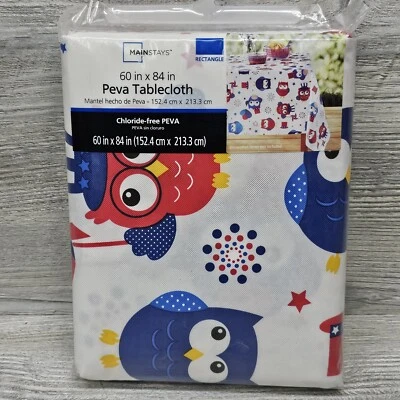 Patriotic Owl Rectangle Tablecloth 60 x 84 Wipe Clean PEVA Red White Blue Bird - Image 1 of 4