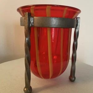 Kerzenhalter Kunstglas rot gelb Buntglas & Schmiedeeisen Metallständer - Bild 1 von 12