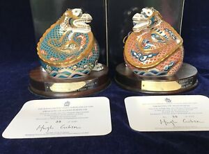 PAIR Royal Crown Derby DRAGONS OF HAPPINESS & GOOD FORTUNE Paperweights +Stands 