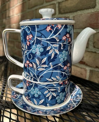 Grace Teaware Teal Blue & Red Floral Fine Porcelain Teapot for One.  Gorgeous - Image 1 of 4