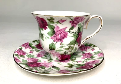 Juego de tazas y platillos Grace's Teaware rosa borde dorado elegante victoriano Foto 1 de 4