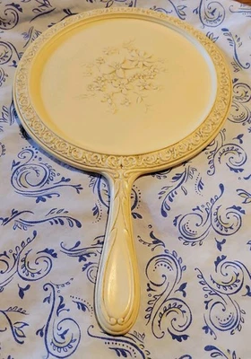 Vintage Vanity Hand Mirror Pale Yellow  1930s Bakelite Celluloid? Beautiful  12" - Image 1 of 2