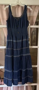 Maxi Vestido Boho Campesino Bordado Denim Azul Índigo y Encaje 2X - Imagen 1 de 7