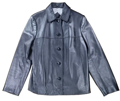 VALERIE STEVENS 100% Leather Jacket Coat Black Womens PETITE LARGE 5 Buttons - Image 1 of 4