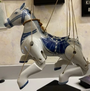 Vtg 12" Blue & White Ceramic Articulating Horse Marionette Puppet Hand Painted - Picture 1 of 7