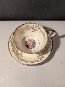 Aynsley Tea Cup & Saucer Both Signed J. A. Bailey Cabbage Rose Gold Light Cream - Picture 1 of 6