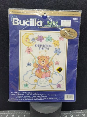 KIT PUNTO DE CRUZ BUCILLA BABY COUNT CELESTIAL #42443 AGUJAS DORADAS REGISTRO DE NACIMIENTO Foto 1 de 4