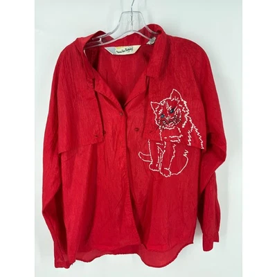 Camisa Diane Von Furstenberg Mujer Gato Rojo Bordada Abotonada Talla 12 Foto 1 de 4