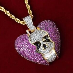 Lab-Created Pink Ruby 3Ct Round Cut Skull Heart Pendant 14k Yellow Gold Plated