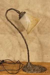 Antique Cast Bronze Iron Floral Art Nouveau Gooseneck Tabel Lamp Swival Head - Picture 1 of 22