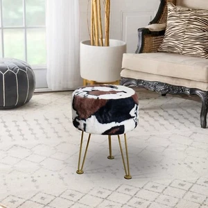 Cow Print Faux Fur Vanity Stool Foot Rest Ottoman with Gold Legs for Home Office - Picture 1 of 84