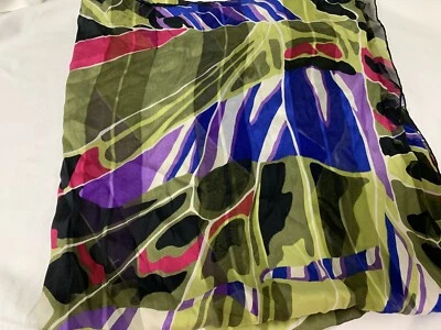 BUFANDA BAYRON VINTAGE AÑOS 60-70 DOBLADILLO ENROLLABLE A MANO VERDE NEGRO PÚRPURA GEOMÉTRICA 34" Foto 1 de 4