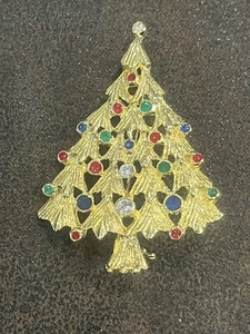 Vintage unsignierte Weihnachtsbaum Brosche 2" hoch Strass Gold - Bild 1 von 3