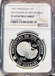 1997 PARAGUAY SILVER 1 GUARANI PITCHER DANCE NGC PF 69 ULTRA CAMEO SCARCE - Picture 1 of 3