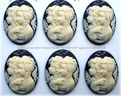 6 Unset Ivory color SISTERS FRIENDS on Black 25mm x 18mm Costume Jewelry CAMEOS - Image 1 of 2