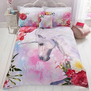 SPARKLE UNICORN SINGLE DUVET COVER SET GLITTER FLORAL BEDDING - Picture 1 of 3