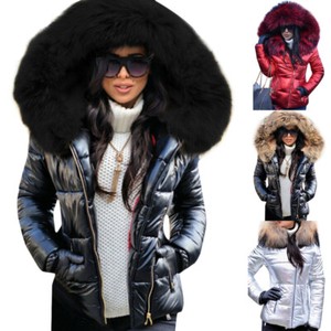 Winter Womens Cotton Coat Fur Collar Hooded Coat Quilted Casual Jacket Outwear