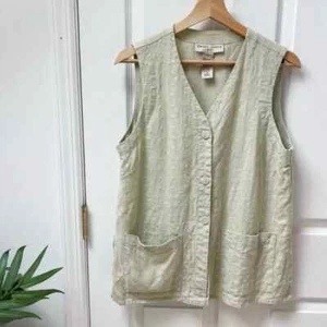 Gilet vintage Sweet Jessie lino ricamato floreale con bottoni verde taglia M petite - Foto 1 di 7