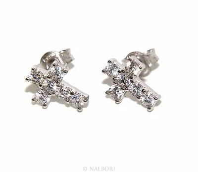 orecchini argento 925 zircone bianco brillante croce latina piccoli uomo donna - Immagine 1 di 2