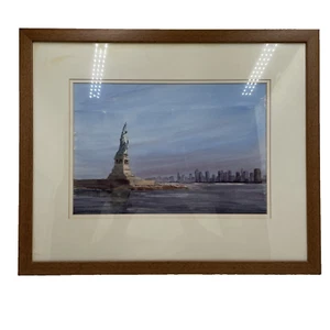 Original Watercolour Framed Signed Frank Halliday New York Skyline LibertyStatue - Picture 1 of 20