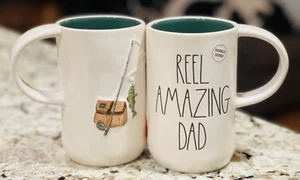 Rae Dunn REEL AWESOME DAD - 2 Sided Mug w Fly Fishing Fly Lure Father’s Day - Picture 1 of 1