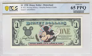 1998 $1 Disney Dollar Waving Mickey PCGS GEM UNC 65 PPQ AA Block DISNEYLAND - Picture 1 of 3