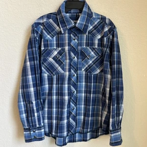 Wrangler Blue Plaid Button Up Shirt Black Pearl Snap Western Youth M 7-8 - Picture 1 of 7